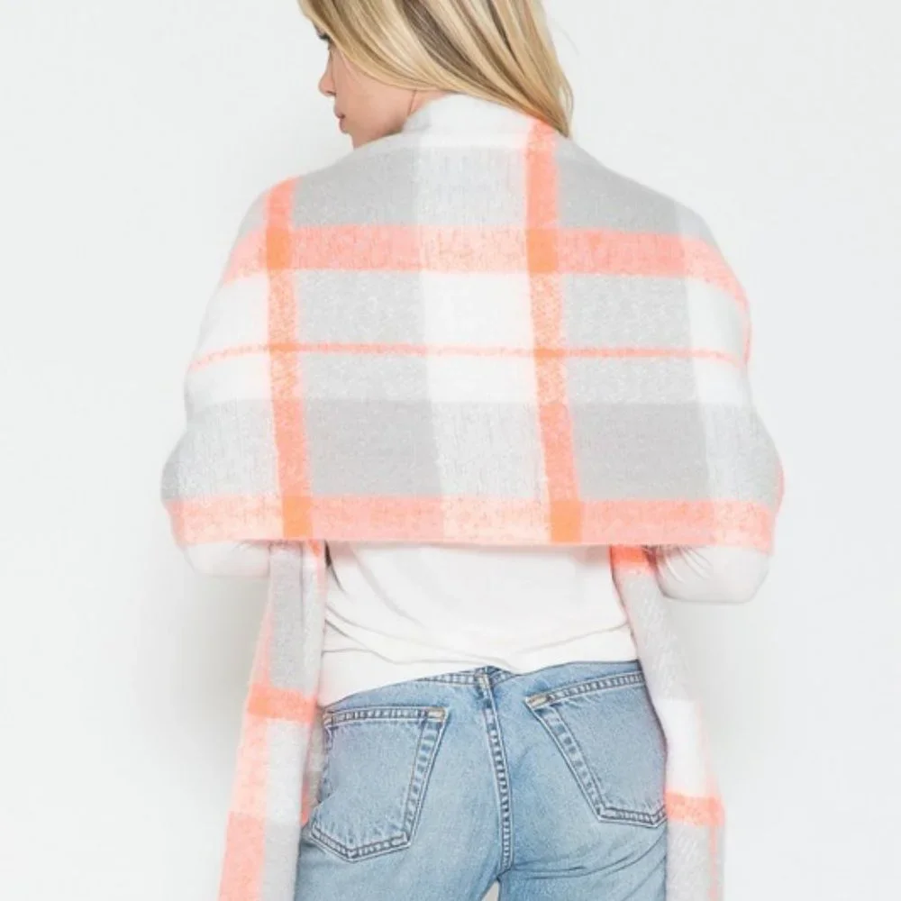 Gray, Orange & Ivory Plaid Scarf with Whimsical Fringe - Picture 8 of 8